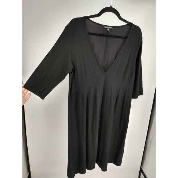 Eileen Fisher A-Line Dress L Deep V-Neck 3/4 Sleeve Crepe Stretch Casual Black - Picture 3 of 8